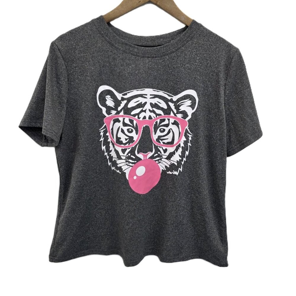Tiger‎ Print Short Sleeve T-Shirt Graphic Tee Womens Large L Gray Round Neck
